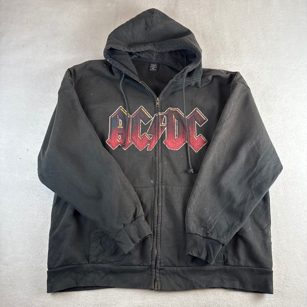 AC/DC Mens Full Zip Graphic Hoodie Faded Black Distressed Rock Band XXL